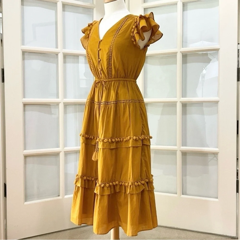 J.CREW | POINT SUR TIERED FLUTTER RUFFLE POM POM MIDI DRESS IN YELLOW SIZE 2